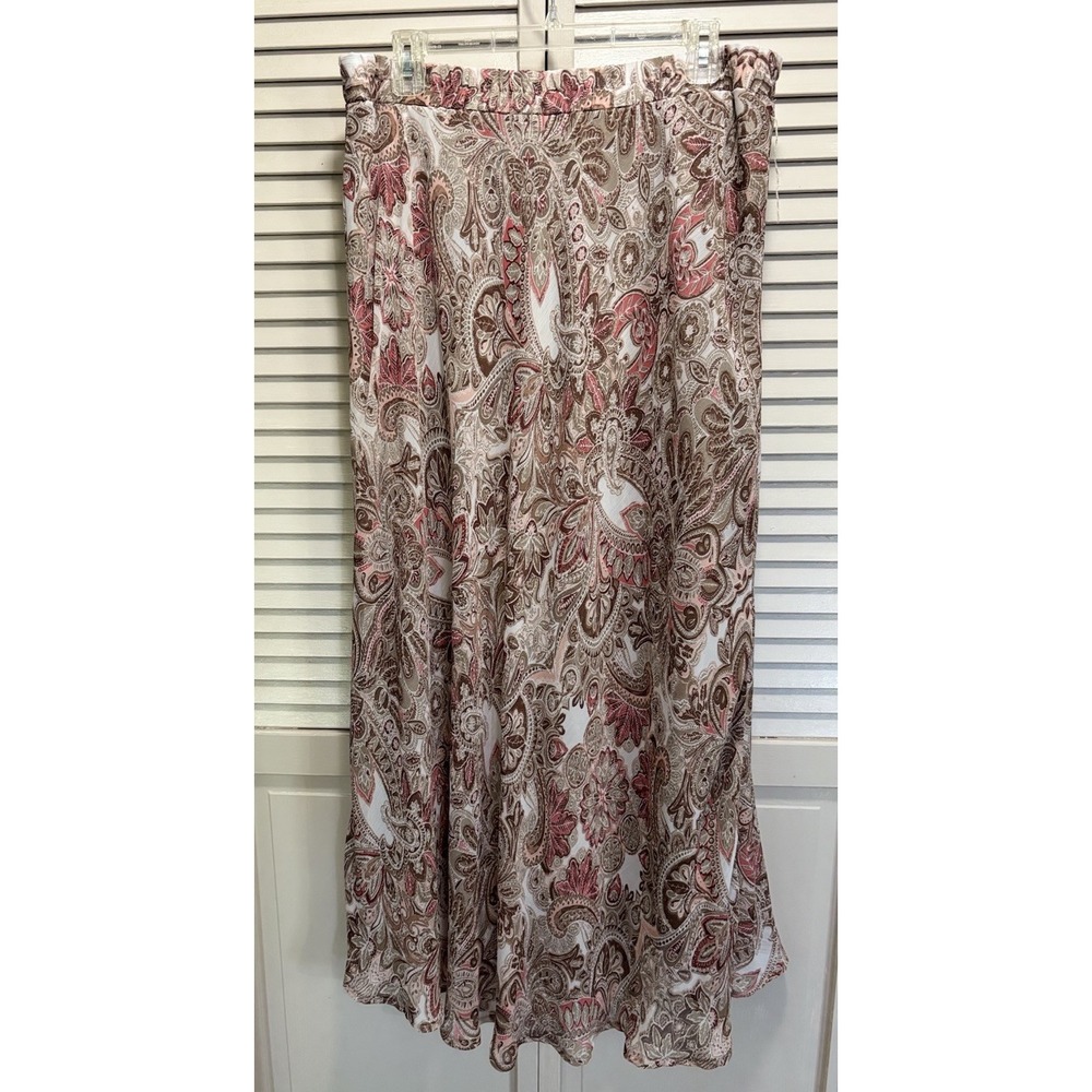 Dressbarn Tan/Pink Paisley A-line Chiffon Maxi Skirt Size L Lined Elastic Waist